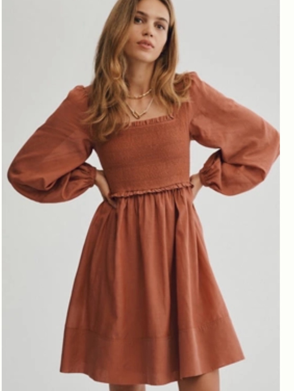 Anthropologie Erin Fetherston Smocked Square-Neck Midi Dress in Rust